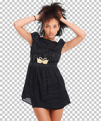 Buy stock photo Fashion, beauty and portrait of a woman with natural hair isolated on a transparent png background. Young attractive female model posing with black dress for fashionable clothing, style or cosmetics