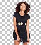 Happy, portrait and African fashion model in a studio with casual, designer brand and chic clothes. Style, young and black woman with a stylish, apparel and cute dress outfit by a isolated on a png background.