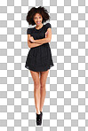 Fashion, beauty and portrait of an African model in studio with casual, designer brand and chic clothes. Style, young and black woman with a stylish, apparel and cute dress outfit by isolated on a png background