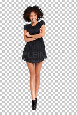 Buy stock photo Woman in portrait, fashion and excited model, natural beauty and hair isolated on transparent, png background. Female person posing in little black dress, luxury and long legs with confident style