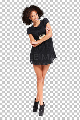 Buy stock photo Happy woman in portrait, fashion and model, natural beauty and arms crossed isolated on transparent, png background. Female person pose in little black dress, luxury and designer with style and smile