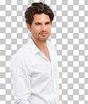 Portrait, fashion and mockup with a man model in studio on isolated on a png background for style in a shirt. Face, sexy and masculine with a handsome young male posing to promote blank advertising space