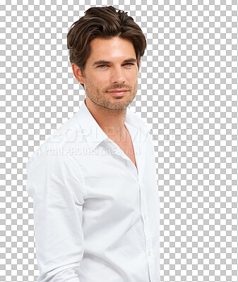 Buy stock photo Serious, portrait and handsome man on isolated, transparent and png background for style and aesthetic. Face, pose and casual attractive guy natural, calm and satisfied, content or confident in shirt