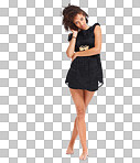 A Beauty, fashion and portrait of a black woman barefoot natural hair with black dress. Young female model posing with free space for marketing and advertising cosmetics or clothes isolated on a png background