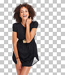 A Fashion, clothes and laughing portrait of black woman with designer brand dress, casual outfit and luxury apparel mockup. Beauty girl, studio mock up and African fashion model  isolated on a png background