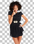 Black woman, portrait or afro thumbs up for fashion clothes, trendy party style or cool clothing on isolated on a png background. Happy smile, model or hand gesture for review, good luck motivation or yes vote