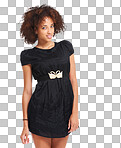 A Fashion, and portrait of a black woman in studio with casual, designer brand and chic clothes. Style, beauty and African model with a stylish, apparel and cute dress outfit by isolated on a png background