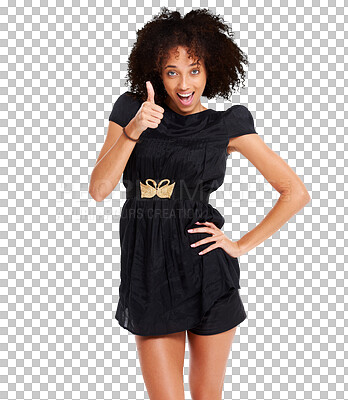 Buy stock photo Excited model in portrait, woman with thumbs up and smile, motivation and fashion isolated on transparent, png background. Vote, opinion and emoji, female person with hand gesture and black dress