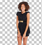 A Fashion, clothes and portrait of happy black woman with designer brand dress, casual outfit style and luxury apparel. Aesthetic beauty girl, studio smile and African fashion model isolated on a png background