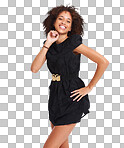 A Fashion, portrait and black woman with dress, beauty and style with girl. African American female, lady and stylish clothes for confidence with smile and laughing isolated on a png background