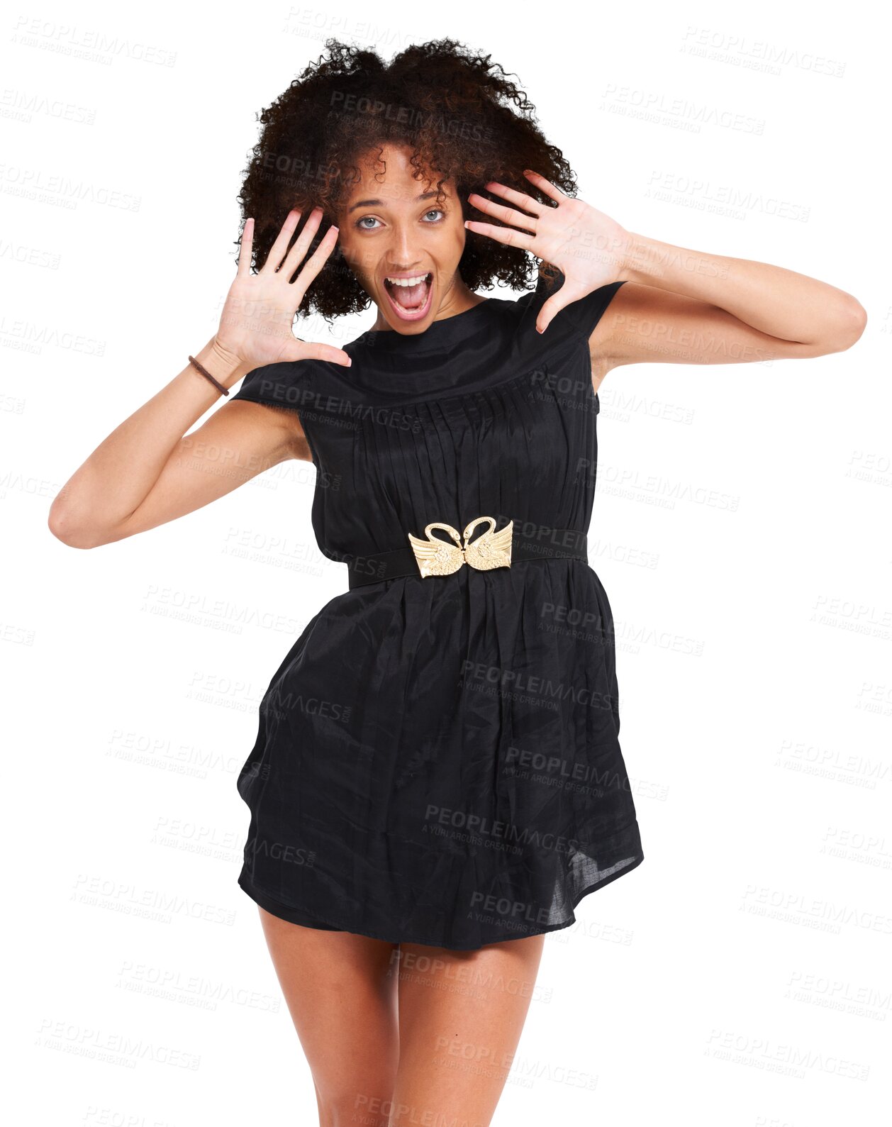 Buy stock photo Surprised face portrait, black woman and afro with hands up in fashion party dress, trendy clothes or style clothing. Shocked, model or wow facial expression isolated on a transparent png background