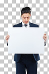 Thinking businessman, paper or poster mockup for marketing space, advertising mock up or promotion. Corporate worker, banner or blank billboard sign on isolated png background for about us branding