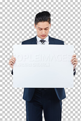 Buy stock photo Business man, poster and mockup space isolated on a transparent, png background. Professional male person show banner, billboard or paper for advertising promotion,  logo or brand opportunity