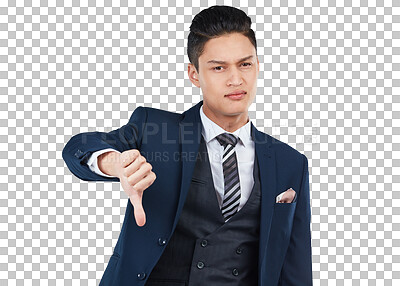 Buy stock photo Portrait, thumbs down and PNG with a business asian man isolated on a transparent background for negative review. Feedback, fail and reject with an unhappy male employee showing a bad hand gesture