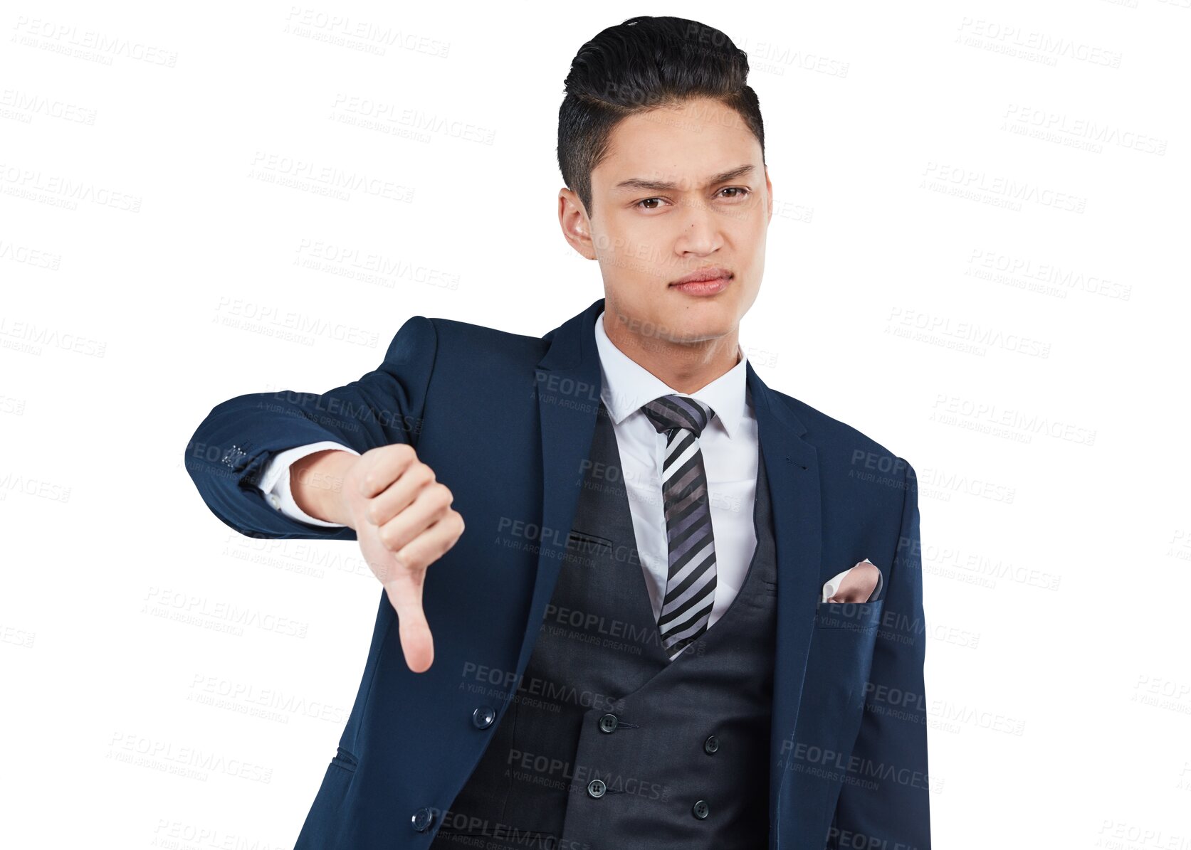 Buy stock photo Portrait, thumbs down and PNG with a business asian man isolated on a transparent background for negative review. Feedback, fail and reject with an unhappy male employee showing a bad hand gesture