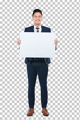 Buy stock photo Happy portrait, business man and placard mockup isolated on a transparent, png background. Corporate male worker show banner, poster or billboard for advertising promotion, deal or announcement