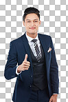 A Asian, businessman portrait or thumbs up in success, vote or mission goals. Smile, happy or corporate worker in like, thank you or winner hands gesture or support trust isolated on a png background