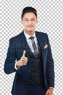 Buy stock photo Businessman, portrait and thumbs up for work success, vote or motivation. Thank you smile, happy or corporate worker with like, yes or support gesture isolated on a transparent png background