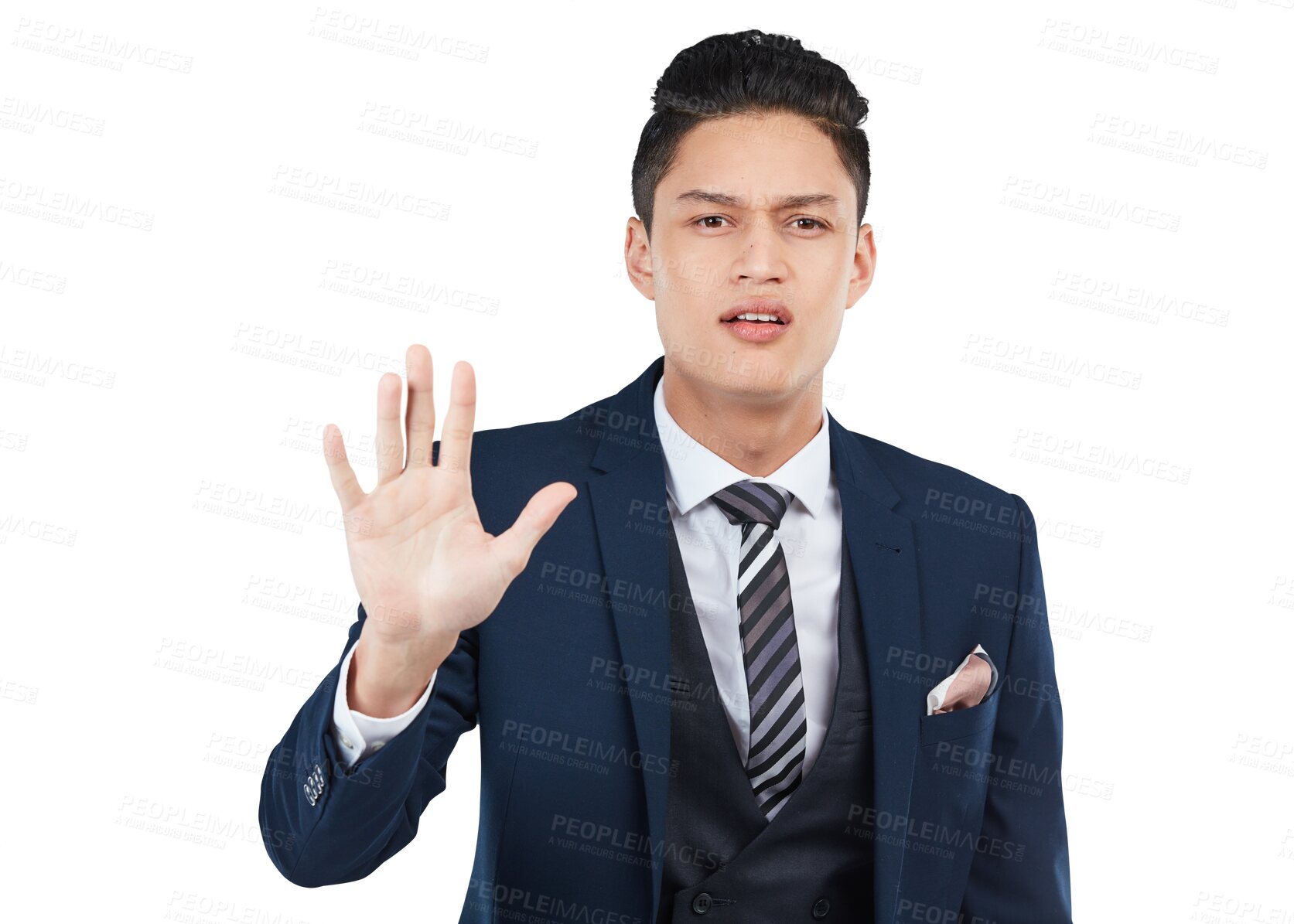 Buy stock photo Portrait, palm and control with a business asian man isolated on a transparent background for warning. PNG, compliance and stop gesture with a male employee showing a sign of rejection or failure