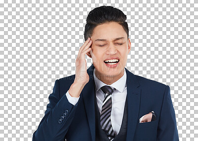 Burnout, stress and businessman with a headache with pain and feeling frustrated due to mental health. Corporate and professional employee depressed and isolated against a studio png background