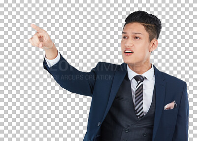 YBusinessman, curious or pointing on isolated png background, marketing space or advertising mockup. Thinking, question or corporate worker with showing hand gesture at interesting or confused offer