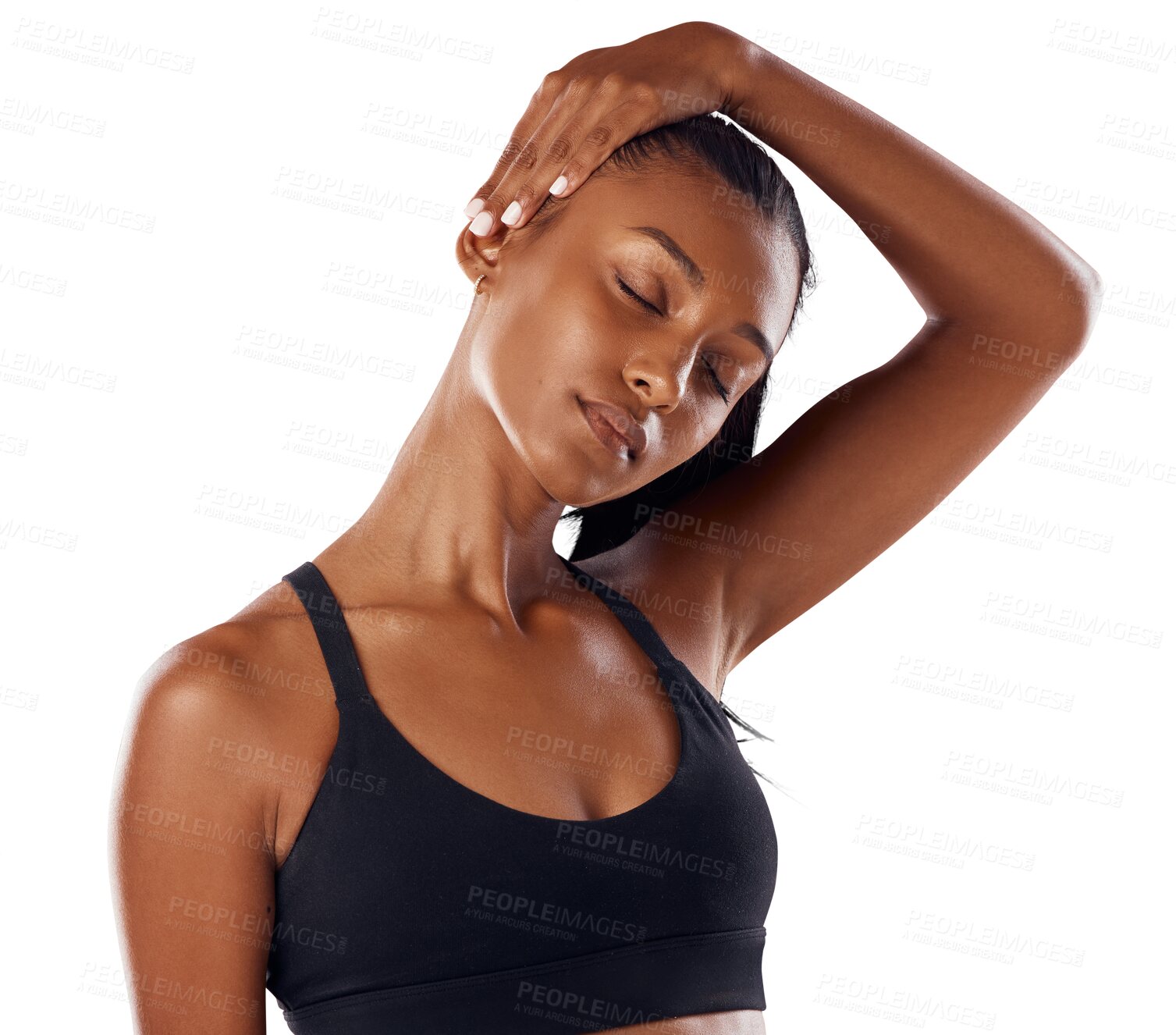 Buy stock photo Fitness, exercise and woman stretching neck isolated on transparent png background. Stretch, Indian athlete or warm up to get ready for sports, training or workout for health, flexibility or wellness