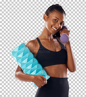 Buy stock photo Woman with smile in portrait, dumbbell and fitness with bodybuilding isolated on transparent, png background. Female bodybuilder, happy in sportswear with foam roller and muscle training workout