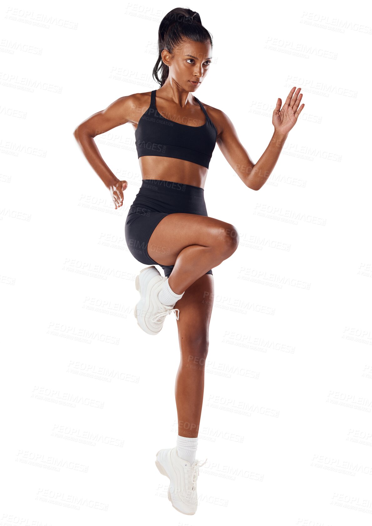 Buy stock photo Exercise, fitness and woman running isolated on a transparent png background. Sports, cardio and Indian female runner jumping, sprinting and training, workout and determined for health and wellness.