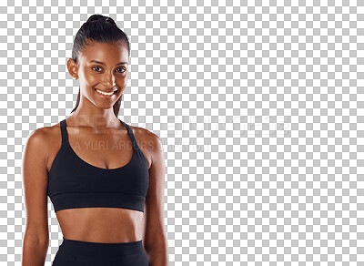 Buy stock photo Smile, fitness and portrait of sports woman isolated on a transparent png background. Happy, exercise and athlete or female person from India ready to start training, workout or running for health.