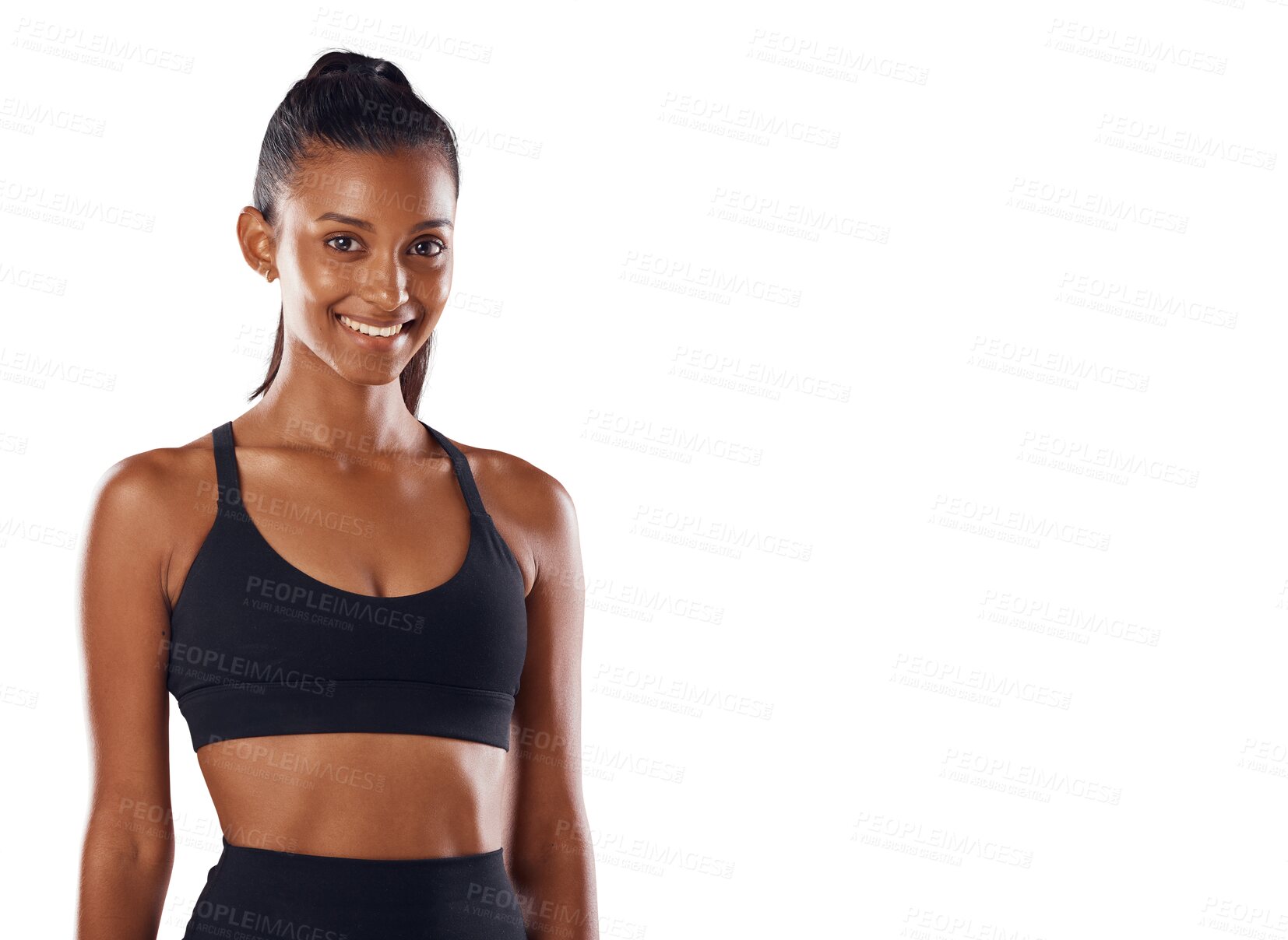 Buy stock photo Smile, fitness and portrait of sports woman isolated on a transparent png background. Happy, exercise and athlete or female person from India ready to start training, workout or running for health.