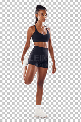 Buy stock photo Woman stretching, full body warm up for run and fitness with cardio isolated on transparent, png background. Sports, ready for exercise and Indian female runner with focus in sportswear and training