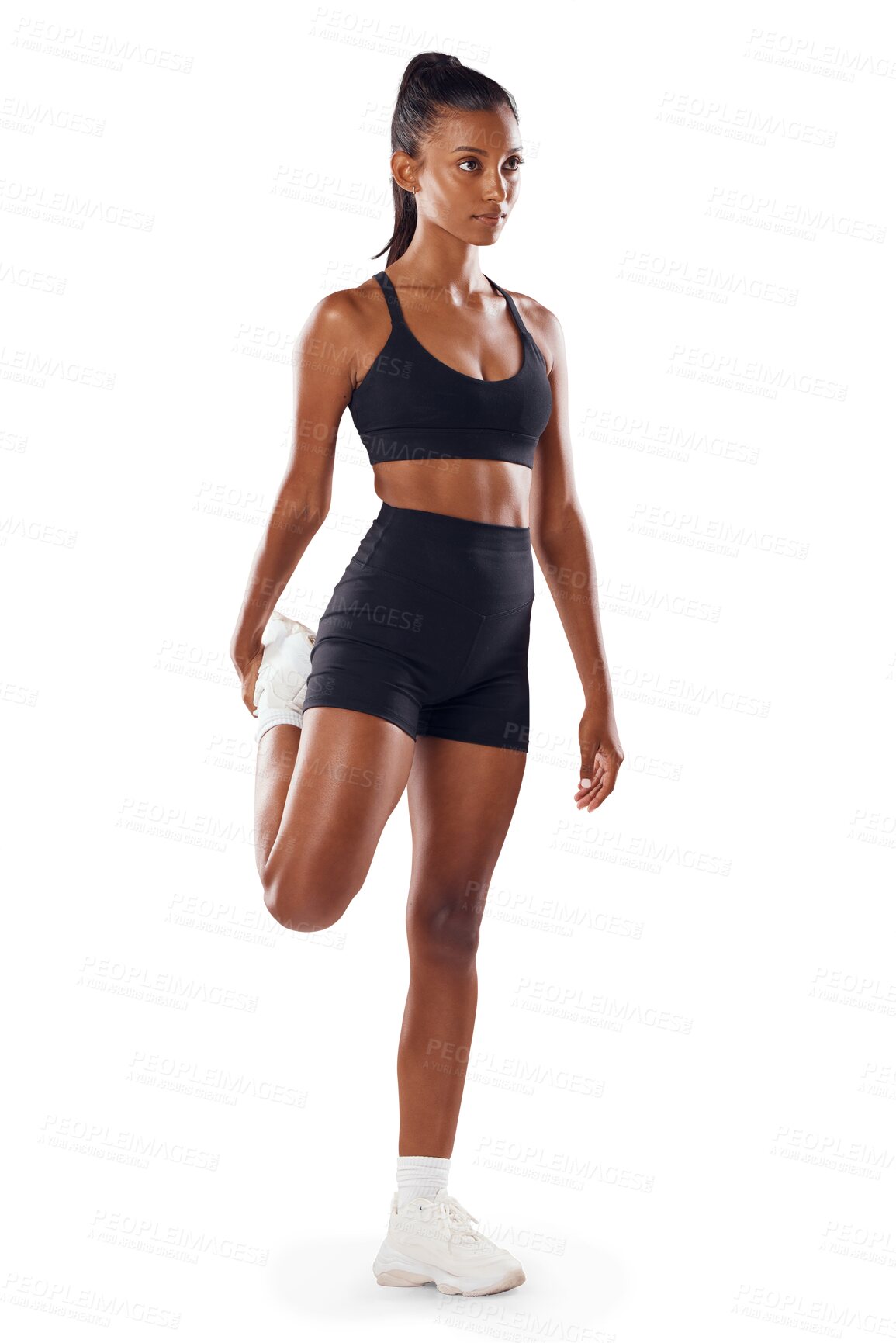 Buy stock photo Woman stretching, full body warm up for run and fitness with cardio isolated on transparent, png background. Sports, ready for exercise and Indian female runner with focus in sportswear and training