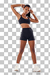 Fotografia do Stock: Portrait, fitness and PNG with a sports woman isolated  on a transparent background for health or wellness. Exercise, workout and  focus with an attractive young indian female athlete training