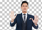 A Businessman, stop hands and safety portrait for warning, wait and forbidden hand gesture. Man, corporate angry face and employee pause hand or body standing isolated on a png background