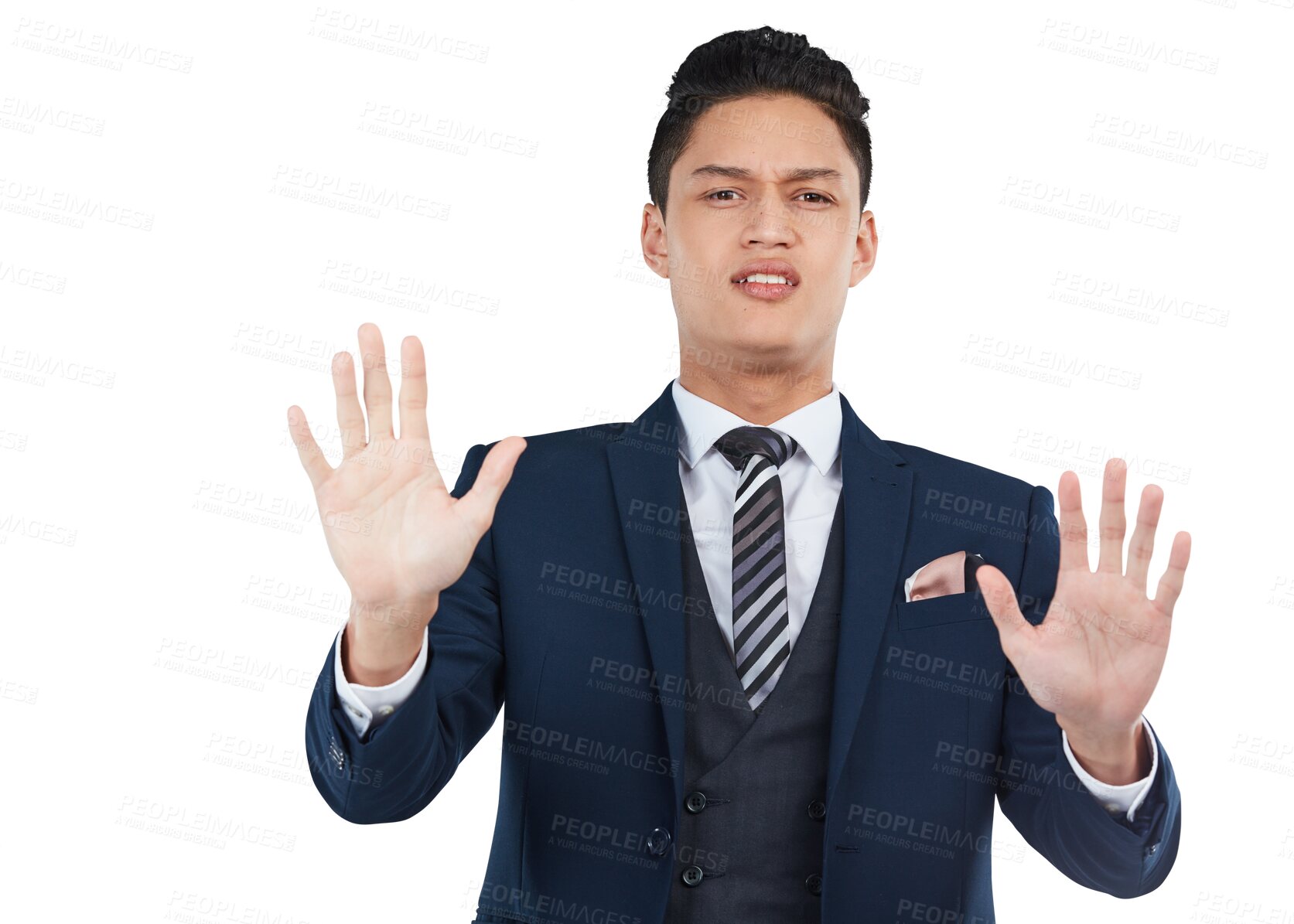 Buy stock photo Portrait, stop and hands with a business asian man isolated on a transparent background for warning. PNG, compliance and regulations with a male employee showing a gesture or sign of rejection