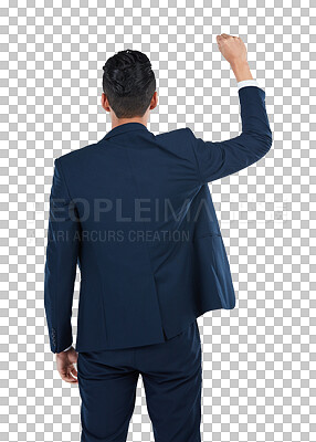 Man, hands up and fist in business empowerment, solidarity and community support. Corporate worker, employee and protest hand gesture for gender equality and human rights isolated on a png background
