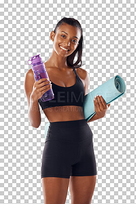 A Fit body, healthy and athletic woman in studio holding mat and water  bottle for yoga, pilates or exercise. Portrait of sporty, active or slim  athlete ready for workout or training isolated