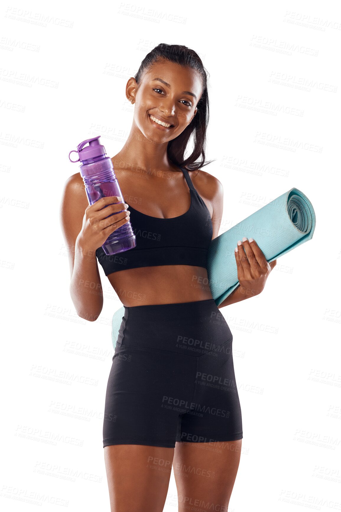 Buy stock photo Happy woman in portrait, yoga mat and water bottle with fitness isolated on transparent, png background. Exercise, sports and pilates with health, hydration with Indian female yogi smile and training