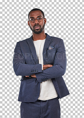 Buy stock photo A Businessman, portrait or arms crossed with vision glasses, style or confidence. Confident, serious and black man designer or employee worker in fashion suit isolated on a transparent png background