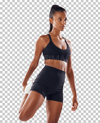 Buy stock photo Woman stretching, leg warm up for run and fitness, cardio workout isolated on transparent, png background. Sports, ready for exercise and Indian female runner with focus in sportswear and training