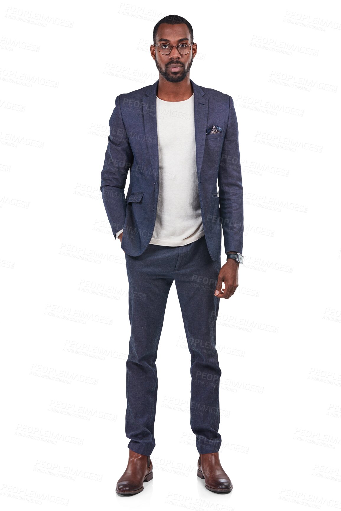 Buy stock photo Businessman, portrait or black man with glasses and a suit isolated on a transparent png background. Male lawyer, African worker or employee with work fashion, clothing model or serious in style