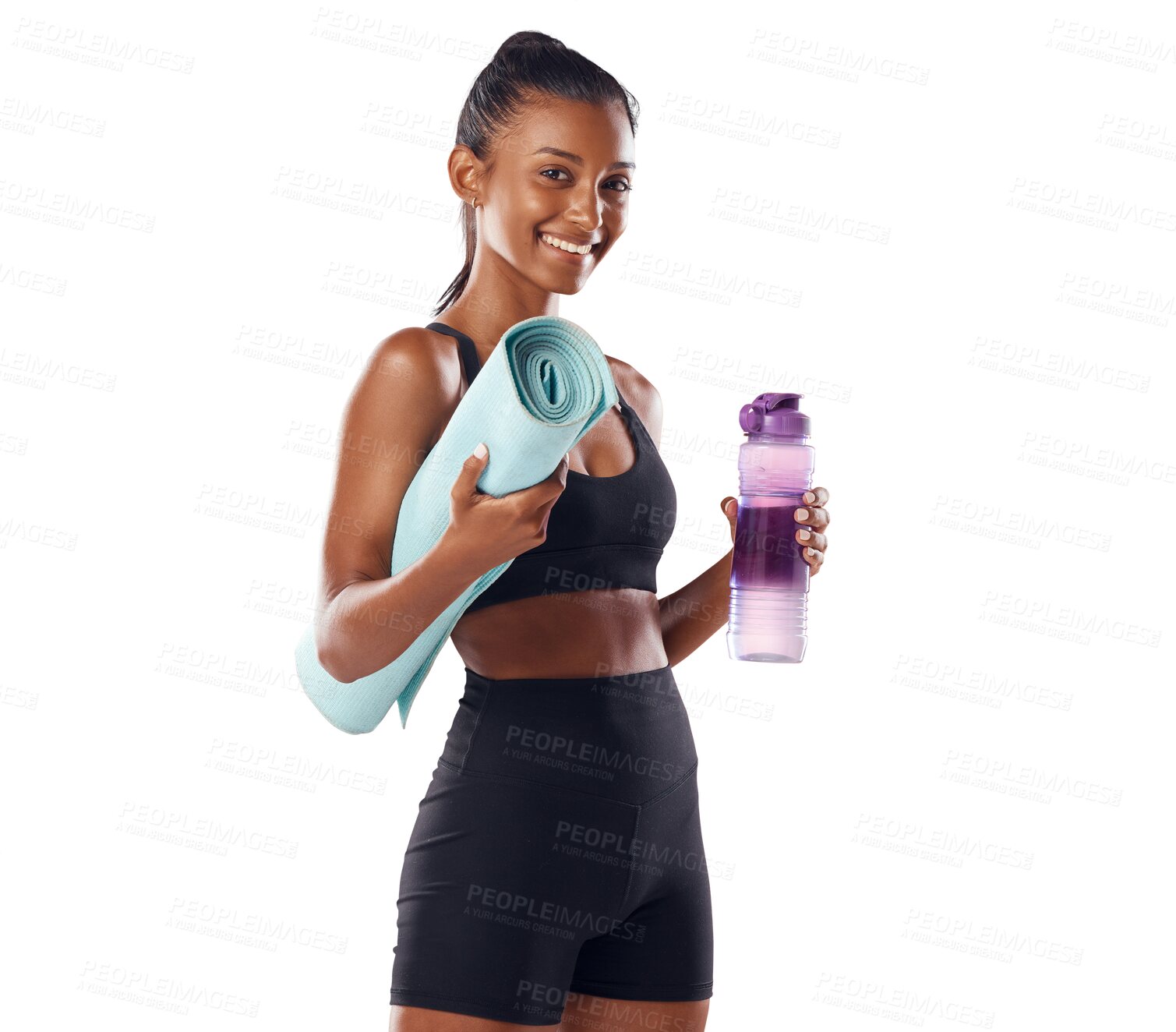 Buy stock photo Happy woman in portrait, smile with yoga mat and water bottle with fitness isolated on transparent, png background. Exercise, pilates and health, hydration with active Indian female yogi and training