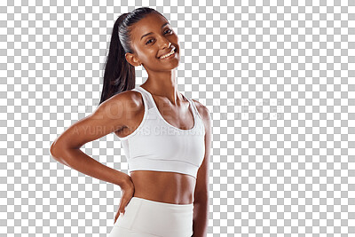 Buy stock photo Fitness, smile and portrait of woman akimbo isolated on a transparent png background. Happy, sports and athlete or female person from India ready to start training, workout or exercise for health.