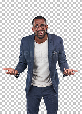 Buy stock photo Portrait, confused and business man in shrug for doubt, what reaction or body language. Black male worker in confusion, questions or emoji of why, dont know and isolated on transparent png background