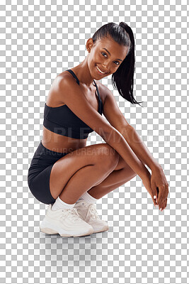 Stylish, fit and trendy female athlete model in sportswear Portrait of an athletic and cute African American young woman relaxing with a sports style or fashion isolated on a png background