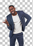 Confused, question and portrait of black man or businessman isolated against a studio png background. Wtf, huh and corporate professional employee, worker or entrepreneur asking gesture