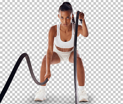 Buy stock photo Serious woman, fitness and battle rope workout, muscle training isolated on transparent, png background. Exercise, female athlete with focus and cardio workout equipment, bodybuilding and endurance