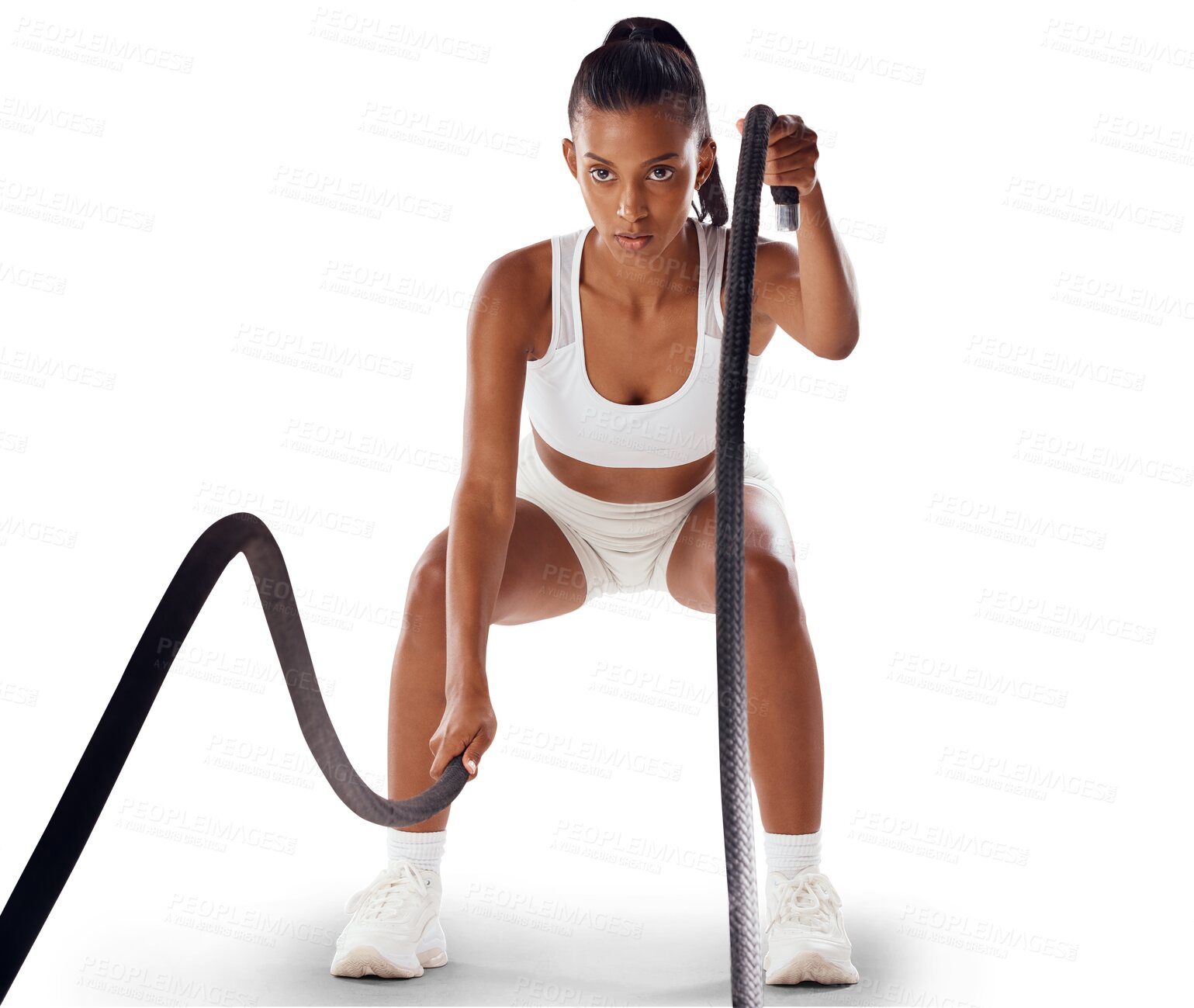 Buy stock photo Serious woman, fitness and battle rope workout, muscle training isolated on transparent, png background. Exercise, female athlete with focus and cardio workout equipment, bodybuilding and endurance