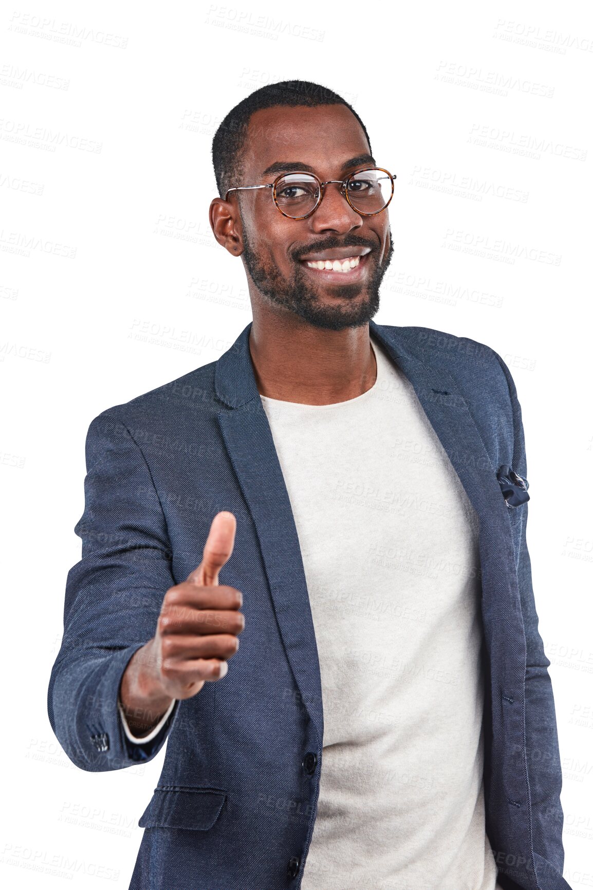 Buy stock photo Black man, thumbs up and portrait isolated on transparent, png background for success, support or thank you hand. Business winner or happy professional person like, ok emoji and agreement or winning