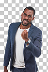 A Portrait, businessman or fist in motivation, power or mission goals on isolated mockup, white background or mock up.. Creative, worker or employee and yes hands gesture, success mindset or expression isolated on a png background